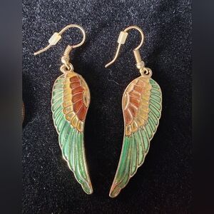 Vintage Gold Tone with Enamel Wing Dangle Earrings